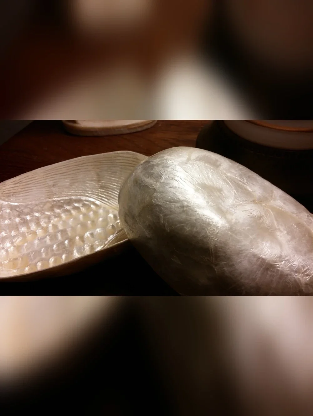 Antique Iridescent Nacre Oblong Bowls Intricate Corn Design Set of 2, 6 1/8